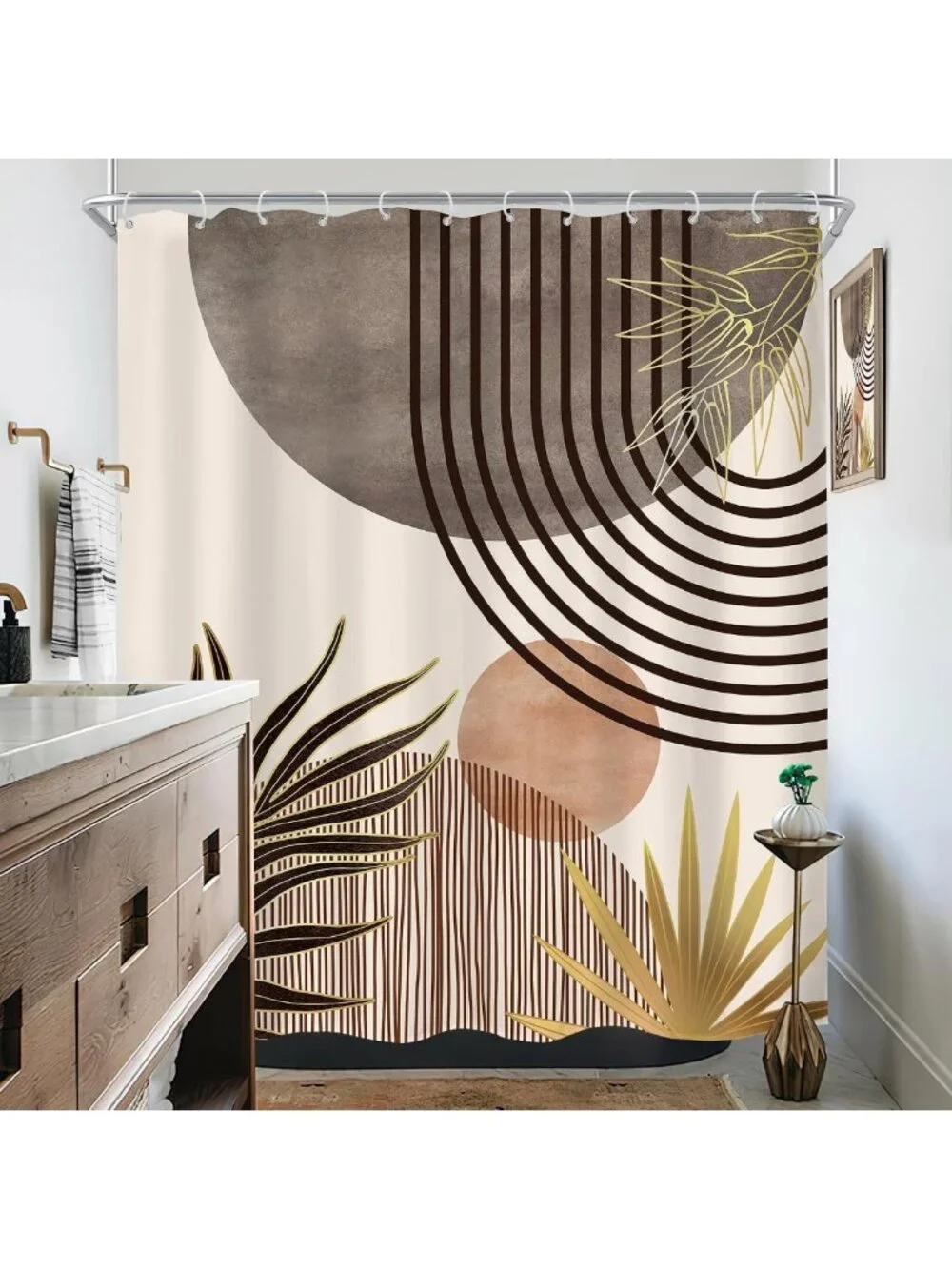 Mid Century Boho Abstract Gray & Brown Shower Curtain Set for Modern Bathrooms